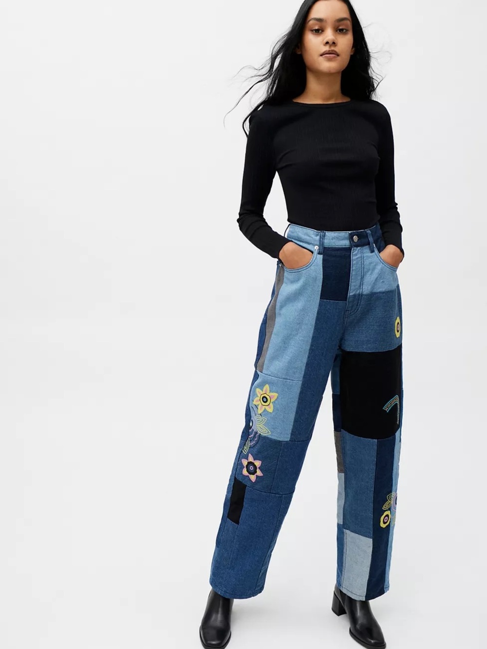 BDG Patchwork Wide Leg Jeans in Multi Blue